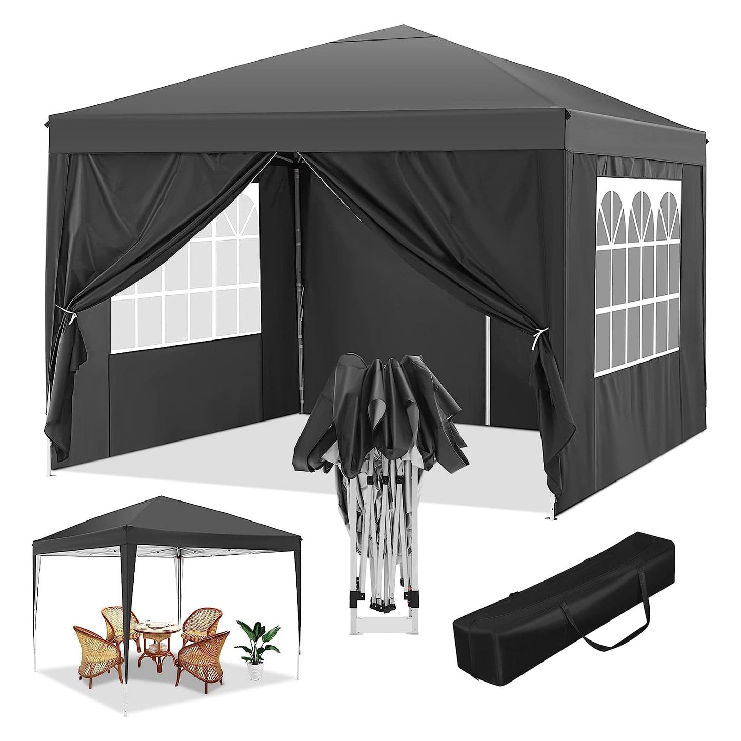 Canopy 10x10 Waterproof Pop up Canopy Tent with 4 Sidewalls, Instant Outdoor Event Shelter Tent for Parties Sun Shade Party Commercial Canopy, Carry Bag, Black