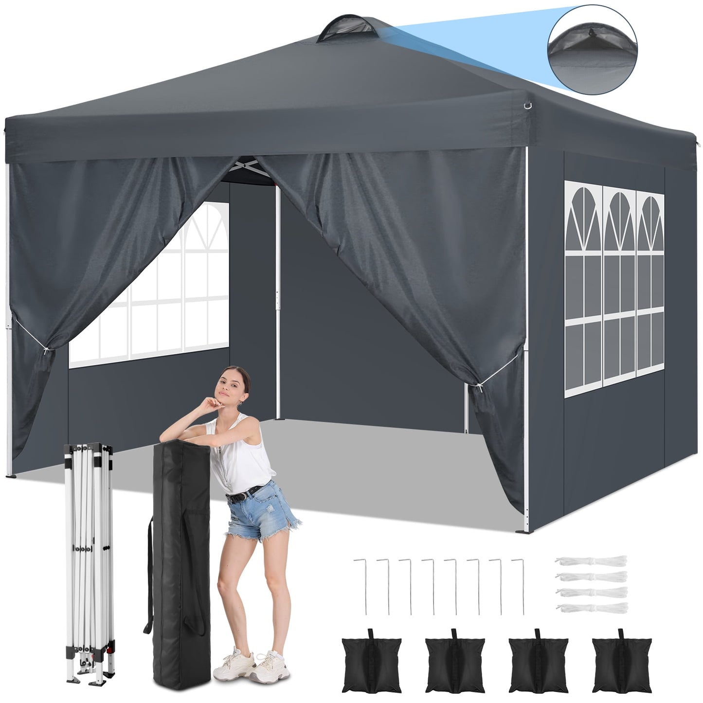 10'x10' Pop up Canopy for Party, Outdoor Camping Instant Waterproof Gazebo, Sun Protected Adjustable Commercial Tent, with Vent on Top, 4 Removable Side Walls, 9 Sandbags, Carry Bag (Black）