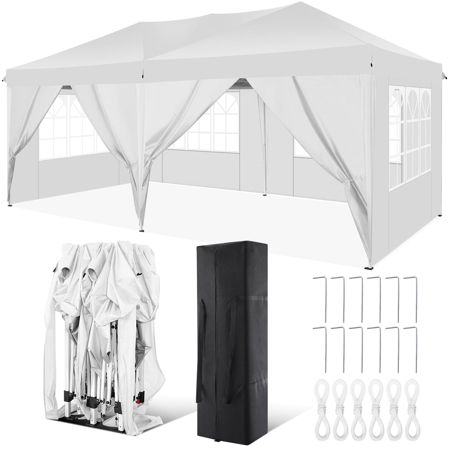 SANOPY 10' x 20' EZ Pop Up Canopy Tent Party Tent Outdoor Event Instant Tent Gazebo with 6 Removable Sidewalls and Carry Bag, White